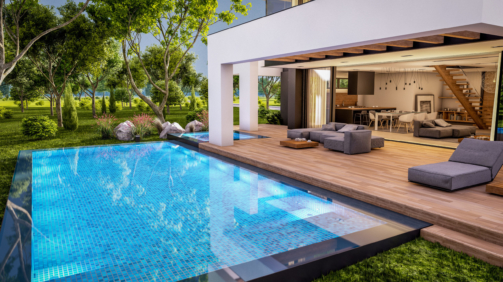 3d rendering of modern cozy house with pool and parking for sale or rent in luxurious style and beautiful landscaping on background. Clear summer evening with cozy light from window