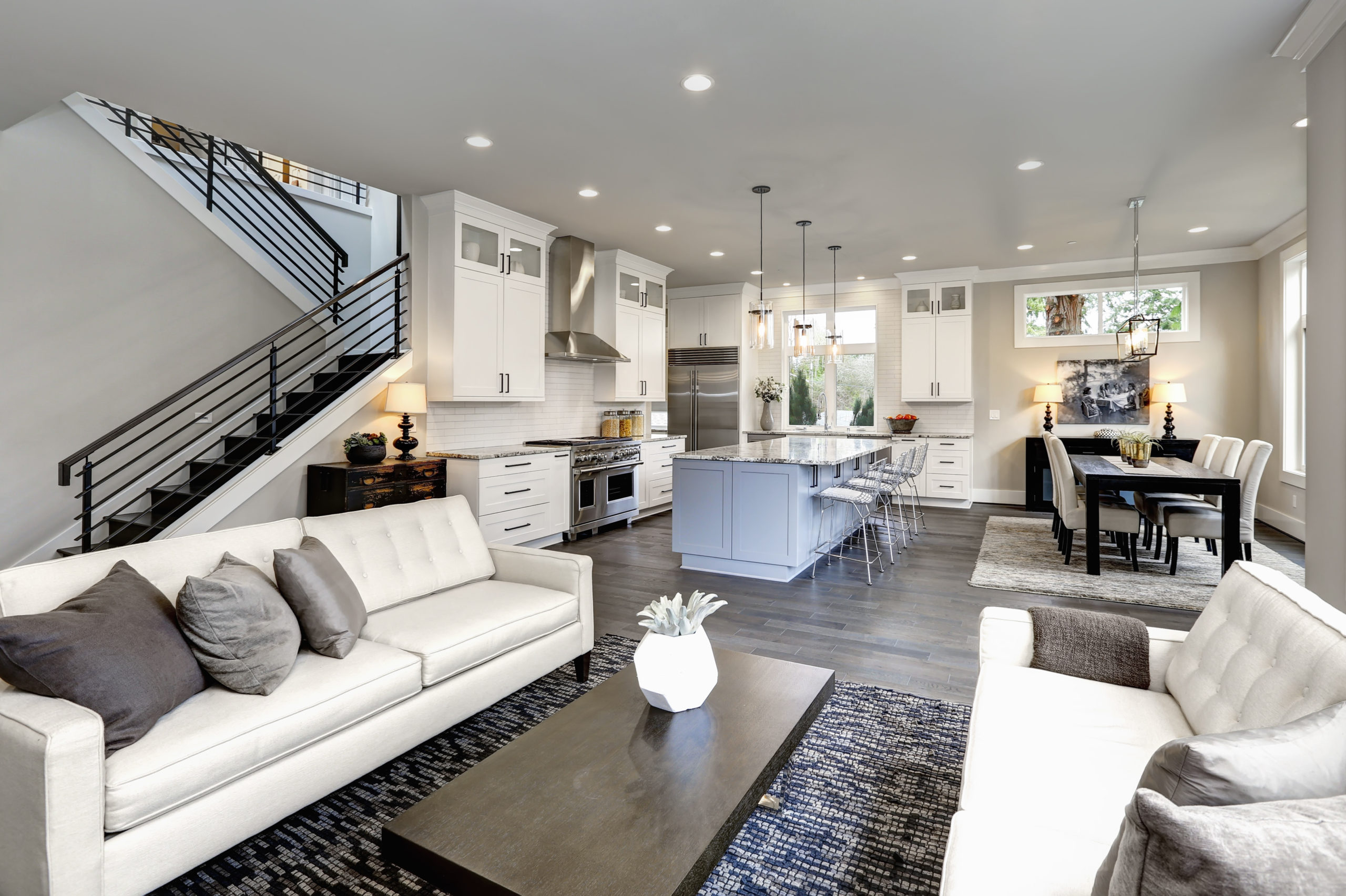 Large modern luxury living room interior in Bellevue home.